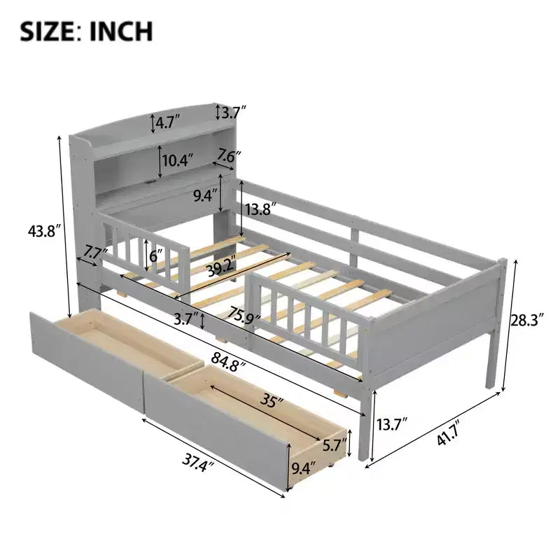 Lit plateforme double Whisen en bois avec lumière DEL intégrée, tête de lit multifonctionnelle, garde-corps et tiroirs