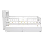 Lit plateforme double Whisen en bois avec lumière DEL intégrée, tête de lit multifonctionnelle, garde-corps et tiroirs
