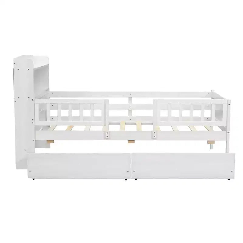 Lit plateforme double Whisen en bois avec lumière DEL intégrée, tête de lit multifonctionnelle, garde-corps et tiroirs