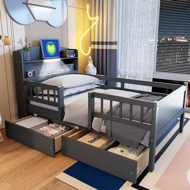 Lit plateforme double Whisen en bois avec lumière DEL intégrée, tête de lit multifonctionnelle, garde-corps et tiroirs