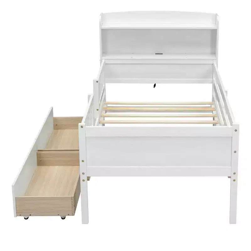 Lit plateforme double Whisen en bois avec lumière DEL intégrée, tête de lit multifonctionnelle, garde-corps et tiroirs
