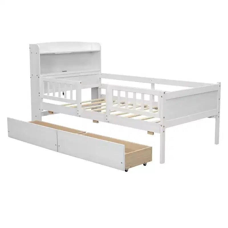 Lit plateforme double Whisen en bois avec lumière DEL intégrée, tête de lit multifonctionnelle, garde-corps et tiroirs