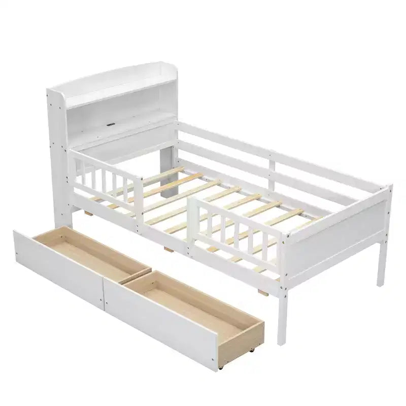 Lit plateforme double Whisen en bois avec lumière DEL intégrée, tête de lit multifonctionnelle, garde-corps et tiroirs