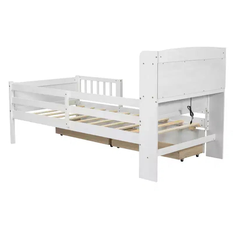 Lit plateforme double Whisen en bois avec lumière DEL intégrée, tête de lit multifonctionnelle, garde-corps et tiroirs