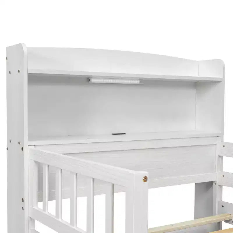 Lit plateforme double Whisen en bois avec lumière DEL intégrée, tête de lit multifonctionnelle, garde-corps et tiroirs