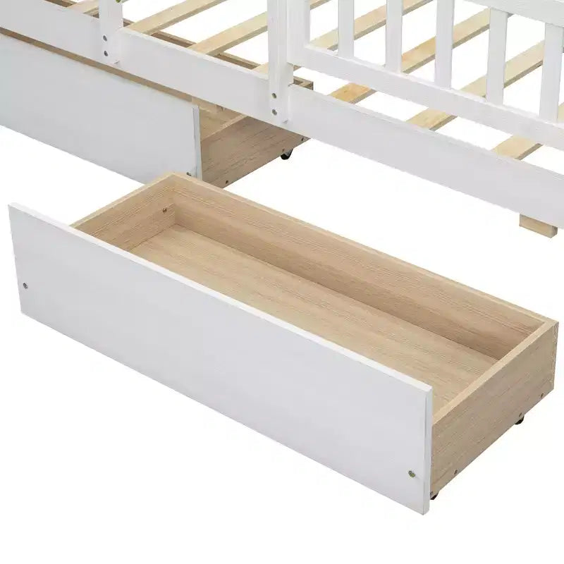 Lit plateforme double Whisen en bois avec lumière DEL intégrée, tête de lit multifonctionnelle, garde-corps et tiroirs