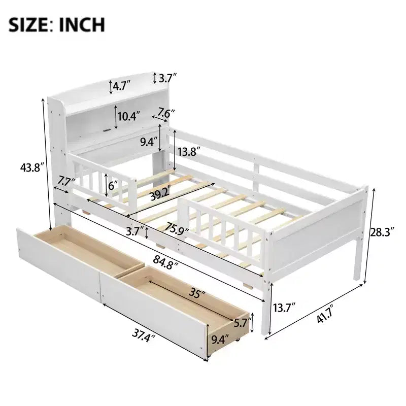 Lit plateforme double Whisen en bois avec lumière DEL intégrée, tête de lit multifonctionnelle, garde-corps et tiroirs