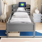Lit plateforme double Whisen en bois avec lumière DEL intégrée, tête de lit multifonctionnelle, garde-corps et tiroirs