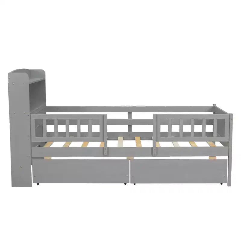 Lit plateforme double Whisen en bois avec lumière DEL intégrée, tête de lit multifonctionnelle, garde-corps et tiroirs