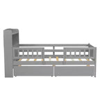 Lit plateforme double Whisen en bois avec lumière DEL intégrée, tête de lit multifonctionnelle, garde-corps et tiroirs