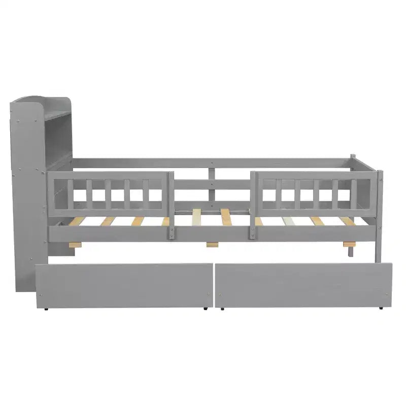 Lit plateforme double Whisen en bois avec lumière DEL intégrée, tête de lit multifonctionnelle, garde-corps et tiroirs