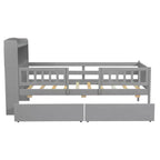 Lit plateforme double Whisen en bois avec lumière DEL intégrée, tête de lit multifonctionnelle, garde-corps et tiroirs