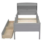 Lit plateforme double Whisen en bois avec lumière DEL intégrée, tête de lit multifonctionnelle, garde-corps et tiroirs