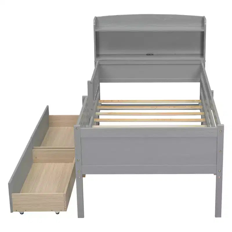 Lit plateforme double Whisen en bois avec lumière DEL intégrée, tête de lit multifonctionnelle, garde-corps et tiroirs