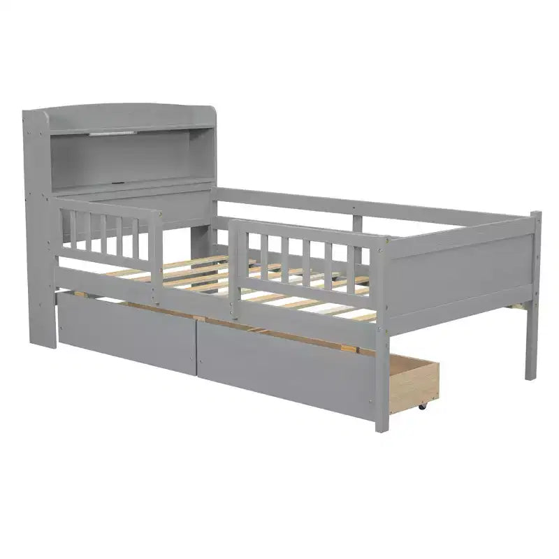 Lit plateforme double Whisen en bois avec lumière DEL intégrée, tête de lit multifonctionnelle, garde-corps et tiroirs