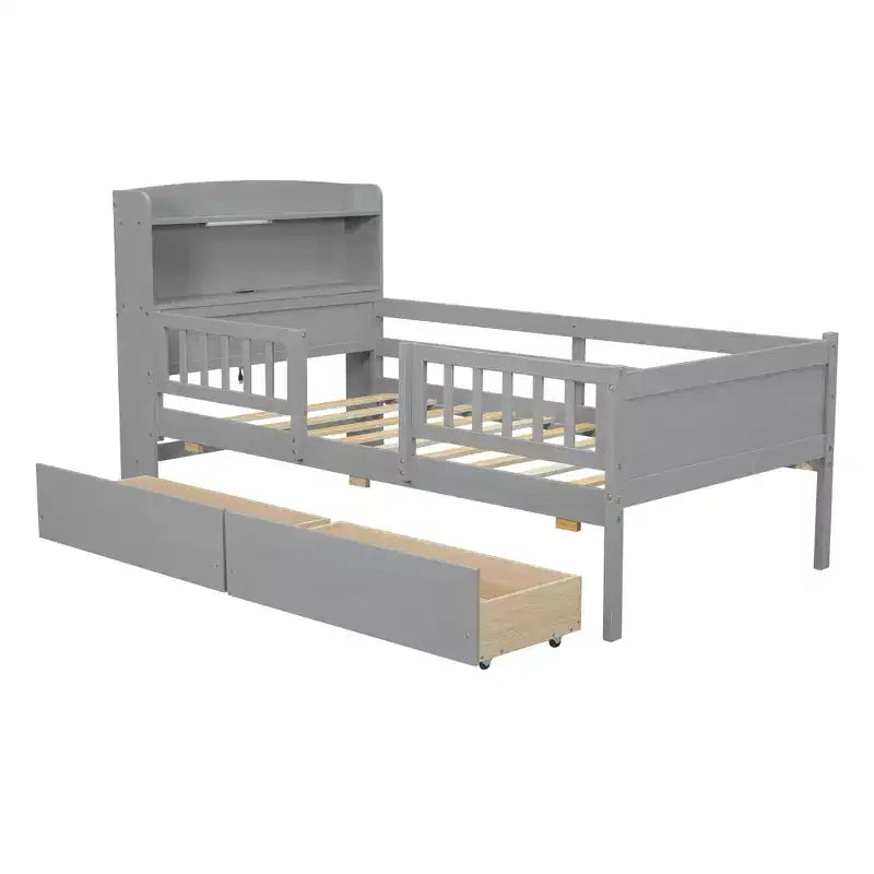 Lit plateforme double Whisen en bois avec lumière DEL intégrée, tête de lit multifonctionnelle, garde-corps et tiroirs