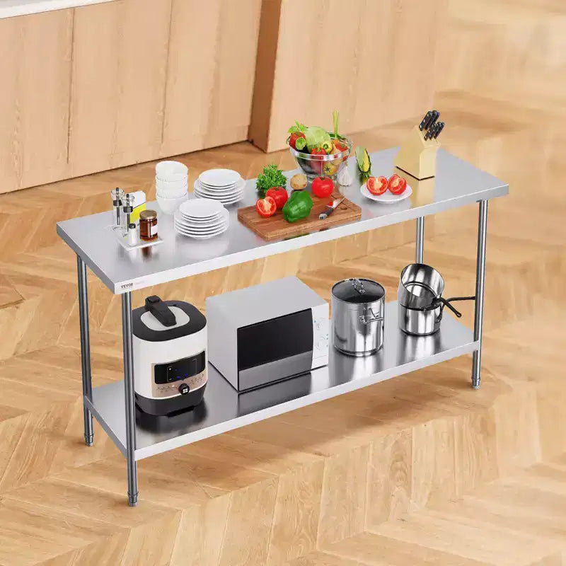 Table de préparation VEVOR en acier inoxydable, 24 x 72 x 34 pouces, capacité de charge de 400 kg, plan de travail métallique robuste avec 3 niveaux de hauteur réglables