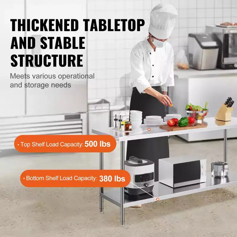 Table de préparation VEVOR en acier inoxydable, 24 x 72 x 34 pouces, capacité de charge de 400 kg, plan de travail métallique robuste avec 3 niveaux de hauteur réglables