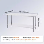 Table de préparation VEVOR en acier inoxydable, 24 x 72 x 34 pouces, capacité de charge de 400 kg, plan de travail métallique robuste avec 3 niveaux de hauteur réglables