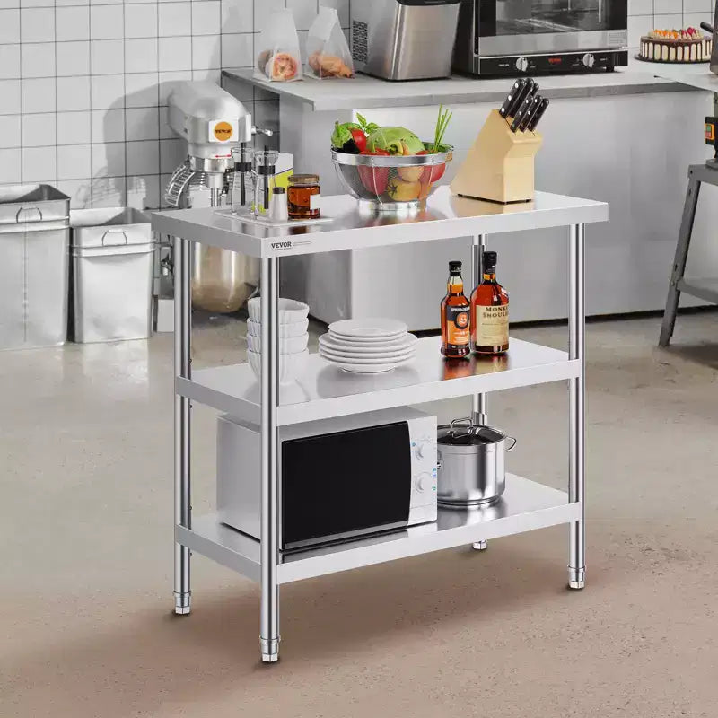 Table de préparation des aliments VEVOR en acier inoxydable, 45,7 x 91,4 x 86,4 cm, table de travail de cuisine commerciale, avec 2 étagères inférieures réglables, table de préparation robuste