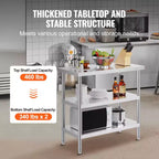 Table de préparation des aliments VEVOR en acier inoxydable, 45,7 x 91,4 x 86,4 cm, table de travail de cuisine commerciale, avec 2 étagères inférieures réglables, table de préparation robuste