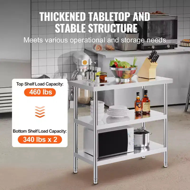 Table de préparation des aliments VEVOR en acier inoxydable, 45,7 x 91,4 x 86,4 cm, table de travail de cuisine commerciale, avec 2 étagères inférieures réglables, table de préparation robuste