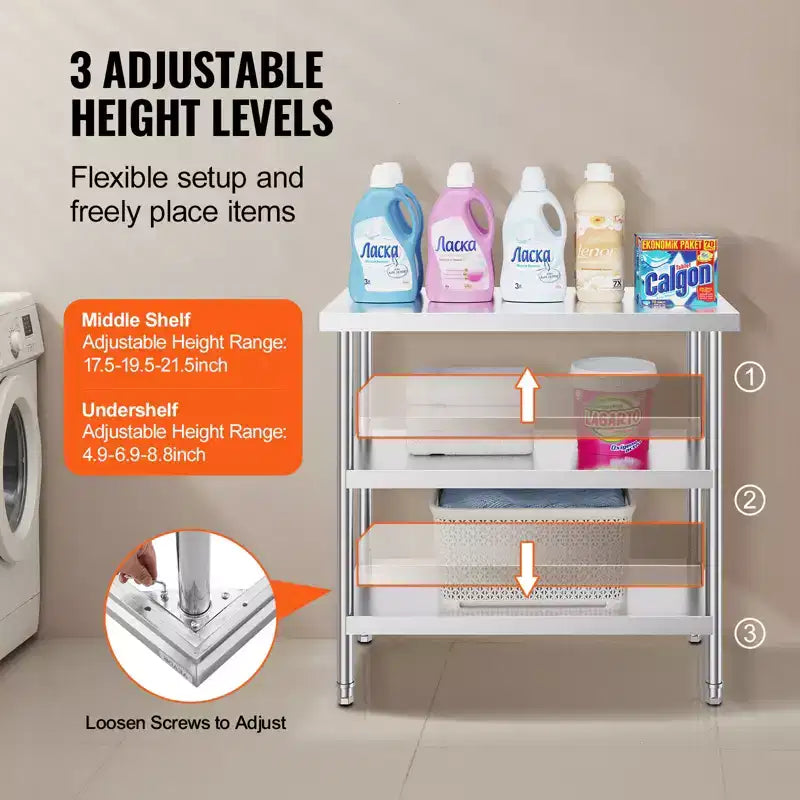Table de préparation des aliments VEVOR en acier inoxydable, 45,7 x 91,4 x 86,4 cm, table de travail de cuisine commerciale, avec 2 étagères inférieures réglables, table de préparation robuste