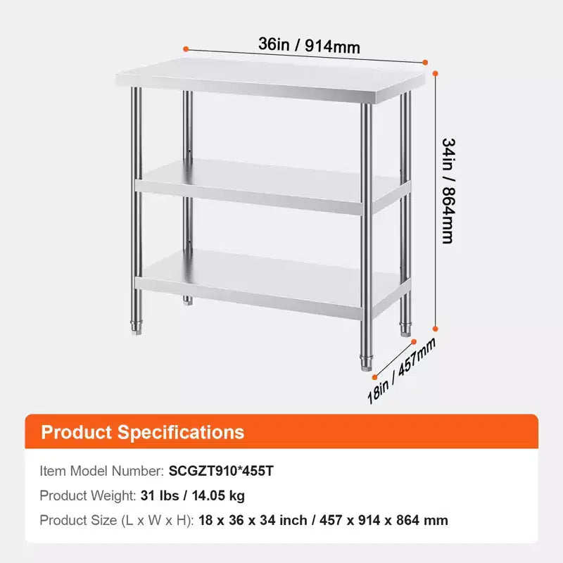 Table de préparation des aliments VEVOR en acier inoxydable, 45,7 x 91,4 x 86,4 cm, table de travail de cuisine commerciale, avec 2 étagères inférieures réglables, table de préparation robuste