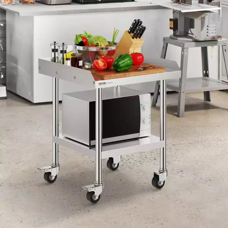 VEVOR Table de travail en acier inoxydable, 61 x 61 x 76 cm, table de préparation alimentaire commerciale avec 4 roues, roulettes, dosseret à 3 côtés, table de préparation robuste