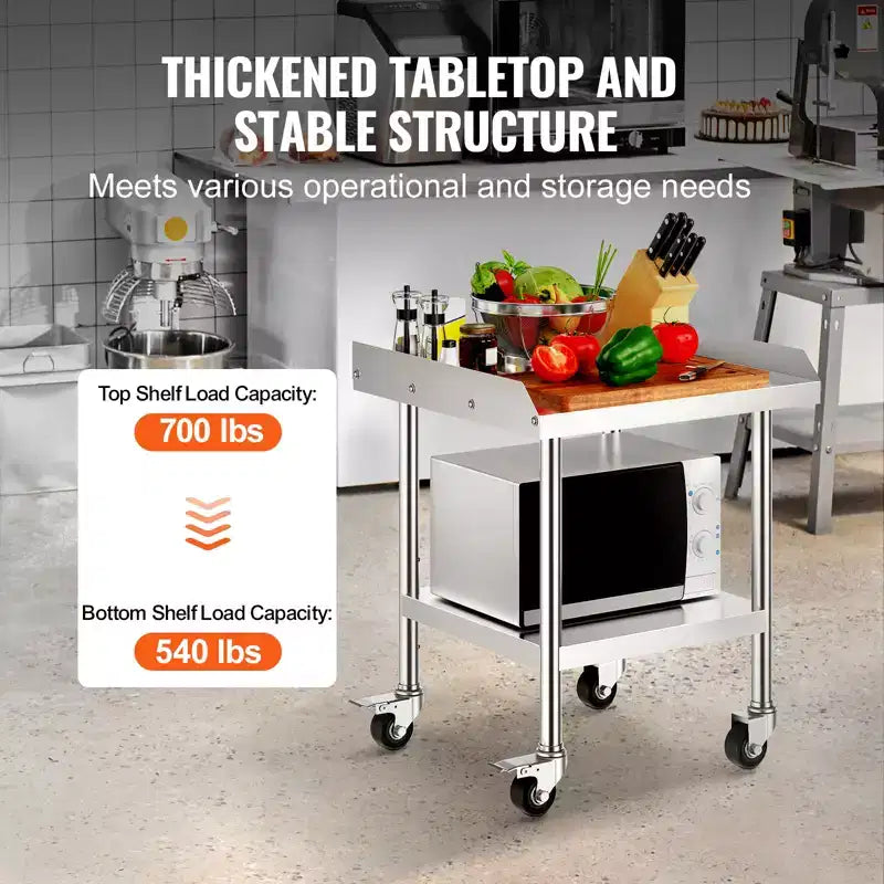 VEVOR Table de travail en acier inoxydable, 61 x 61 x 76 cm, table de préparation alimentaire commerciale avec 4 roues, roulettes, dosseret à 3 côtés, table de préparation robuste