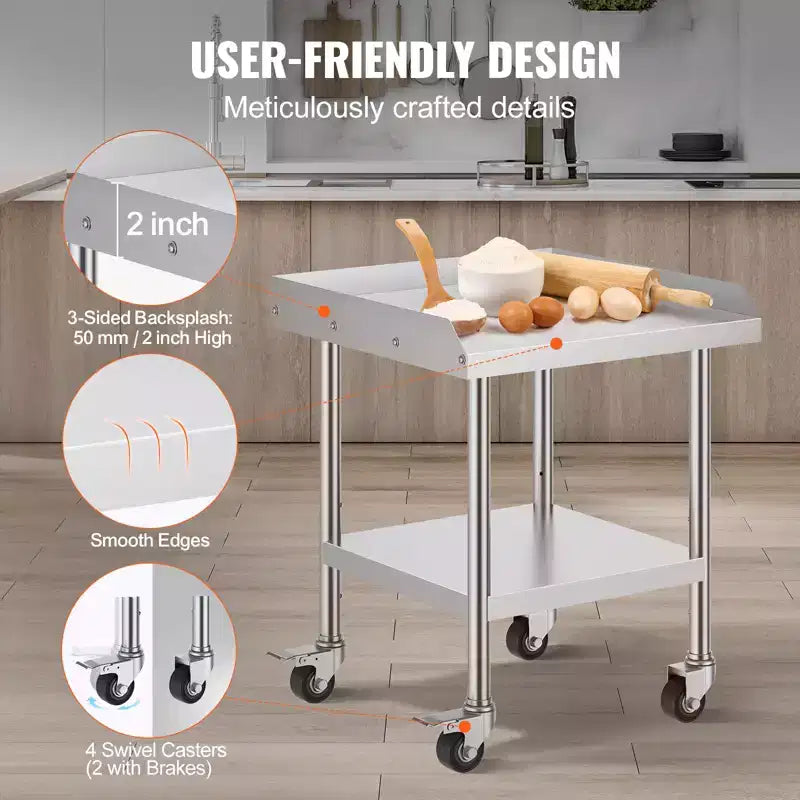 VEVOR Table de travail en acier inoxydable, 61 x 61 x 76 cm, table de préparation alimentaire commerciale avec 4 roues, roulettes, dosseret à 3 côtés, table de préparation robuste