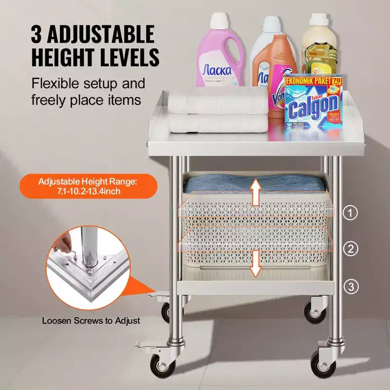 VEVOR Table de travail en acier inoxydable, 61 x 61 x 76 cm, table de préparation alimentaire commerciale avec 4 roues, roulettes, dosseret à 3 côtés, table de préparation robuste