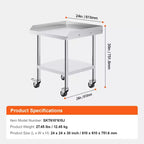 VEVOR Table de travail en acier inoxydable, 61 x 61 x 76 cm, table de préparation alimentaire commerciale avec 4 roues, roulettes, dosseret à 3 côtés, table de préparation robuste