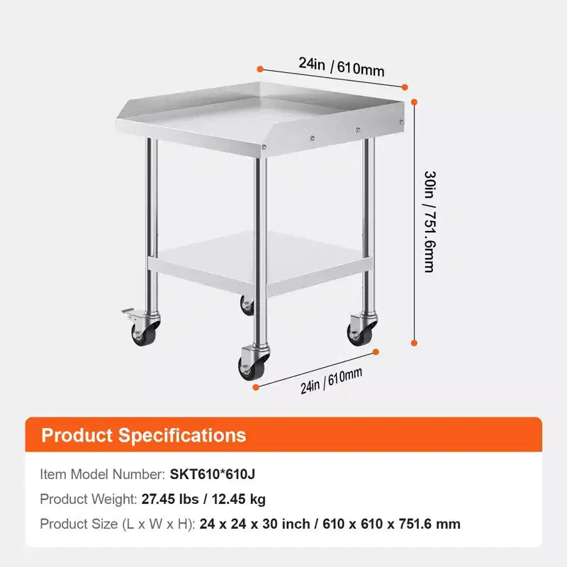 VEVOR Table de travail en acier inoxydable, 61 x 61 x 76 cm, table de préparation alimentaire commerciale avec 4 roues, roulettes, dosseret à 3 côtés, table de préparation robuste