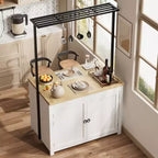 Îlot de cuisine de 42 po avec rangement, chariot de cuisine multifonctionnel robuste avec comptoir de 30 mm d'épaisseur, étagères à 2 niveaux et 5 crochets