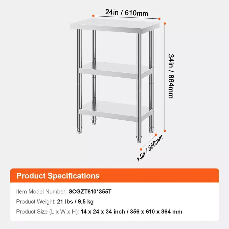 Table de préparation alimentaire en acier inoxydable VEVOR, table de travail de cuisine commerciale de 35,5 x 61 x 86 cm, avec 2 étagères inférieures réglables, table de préparation robuste