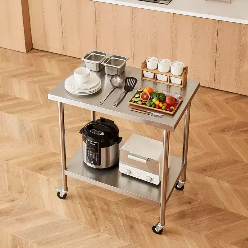 Table de travail en acier inoxydable VEVOR 76 x 91 x 96 cm, avec 4 roulettes, 3 hauteurs réglables, table de préparation alimentaire robuste pour cuisine commerciale