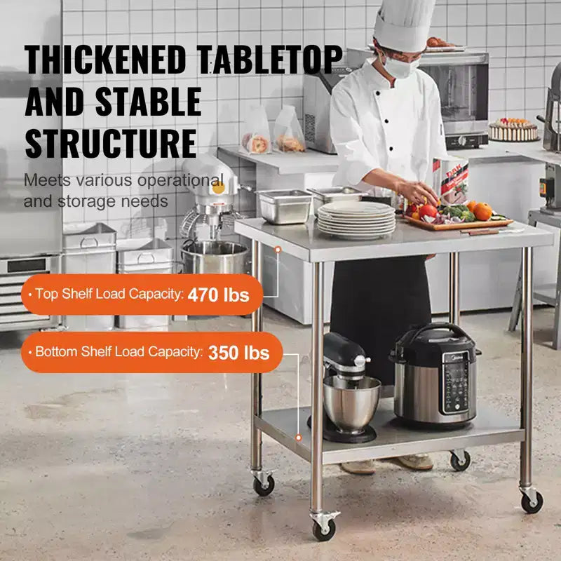 Table de travail en acier inoxydable VEVOR 76 x 91 x 96 cm, avec 4 roulettes, 3 hauteurs réglables, table de préparation alimentaire robuste pour cuisine commerciale