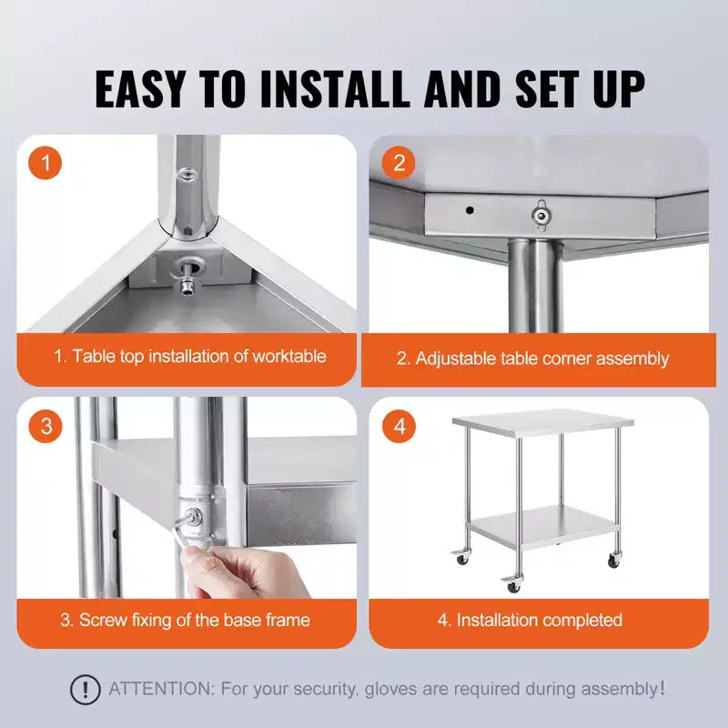 Table de travail en acier inoxydable VEVOR 76 x 91 x 96 cm, avec 4 roulettes, 3 hauteurs réglables, table de préparation alimentaire robuste pour cuisine commerciale