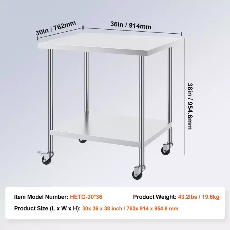 Table de travail en acier inoxydable VEVOR 76 x 91 x 96 cm, avec 4 roulettes, 3 hauteurs réglables, table de préparation alimentaire robuste pour cuisine commerciale