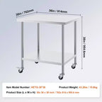 Table de travail en acier inoxydable VEVOR 76 x 91 x 96 cm, avec 4 roulettes, 3 hauteurs réglables, table de préparation alimentaire robuste pour cuisine commerciale