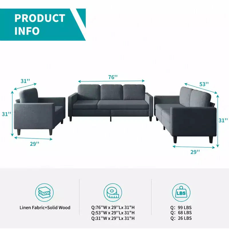 Mjkone Ensemble de canapés modulables pour salon : canapé 3 places, causeuse et fauteuil simple