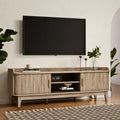 LuxenHome 63 Mid Century TV Stand with Storage, for TVs up to 65, Brown Media Console with Sliding Doors, Oak Brown