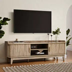 LuxenHome 63 Mid Century TV Stand with Storage, for TVs up to 65, Brown Media Console with Sliding Doors, Oak Brown