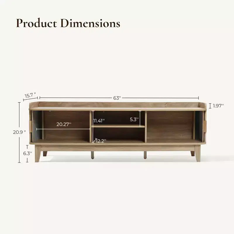 Meuble TV LuxenHome 63" style Mid-Century avec rangement, pour téléviseurs jusqu'à 65", console média marron avec portes coulissantes, chêne marron