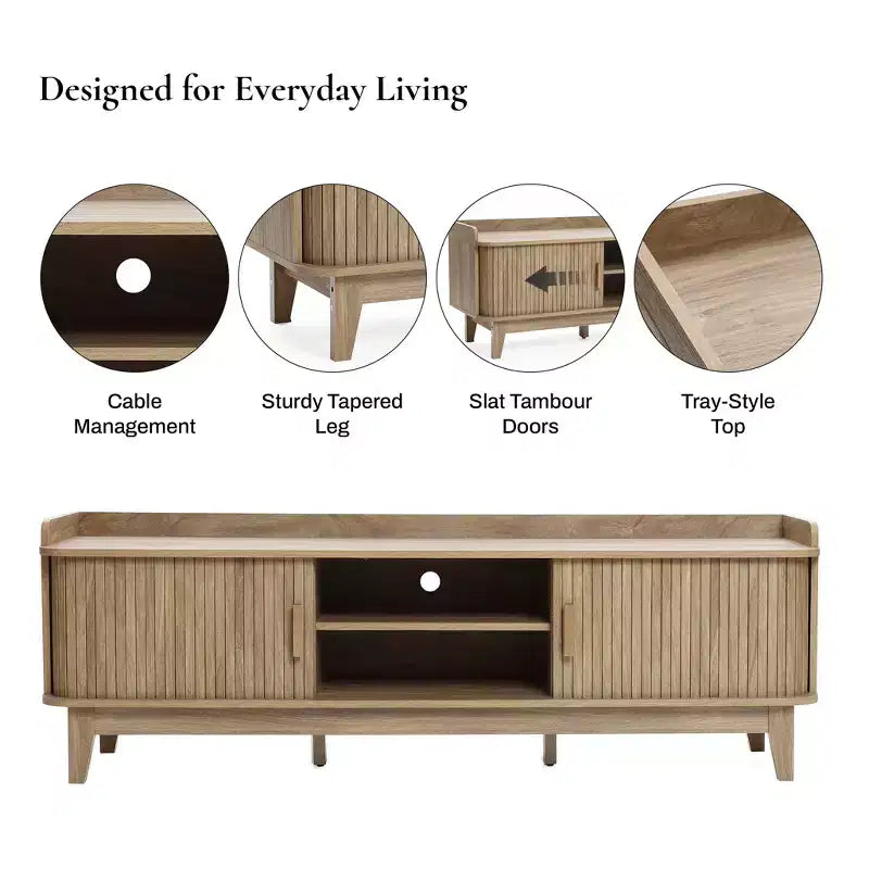 Meuble TV LuxenHome 63" style Mid-Century avec rangement, pour téléviseurs jusqu'à 65", console média marron avec portes coulissantes, chêne marron