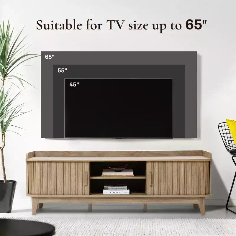 Meuble TV LuxenHome 63" style Mid-Century avec rangement, pour téléviseurs jusqu'à 65", console média marron avec portes coulissantes, chêne marron