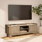Meuble TV LuxenHome 63" style Mid-Century avec rangement, pour téléviseurs jusqu'à 65", console média marron avec portes coulissantes, chêne marron