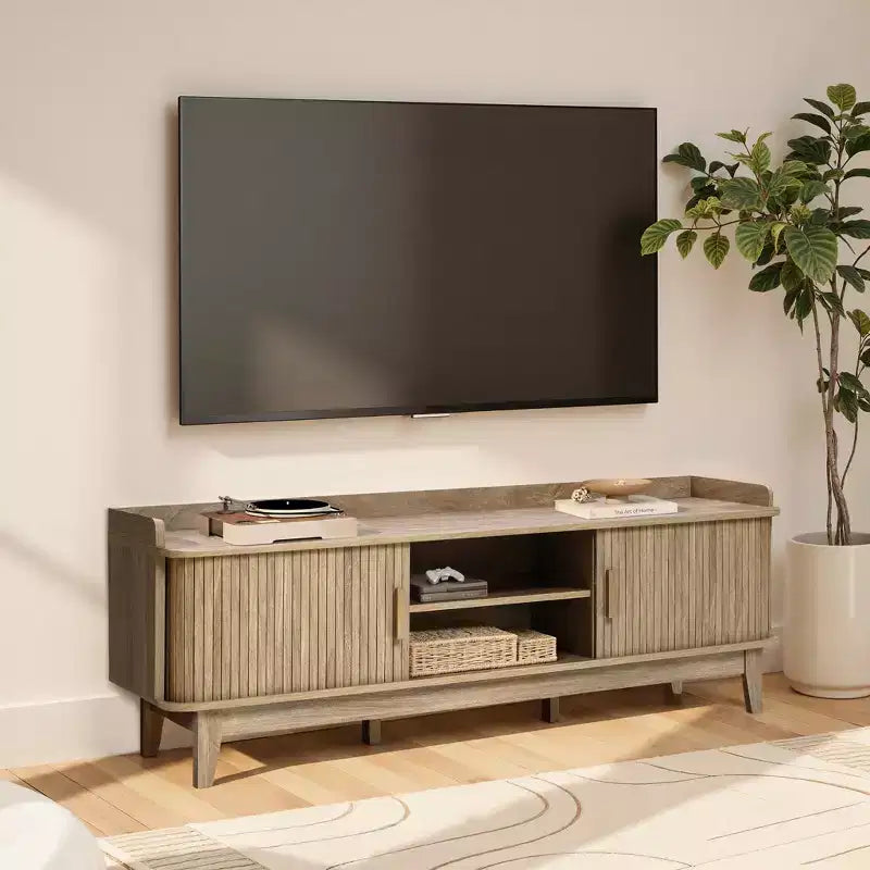 Meuble TV LuxenHome 63" style Mid-Century avec rangement, pour téléviseurs jusqu'à 65", console média marron avec portes coulissantes, chêne marron