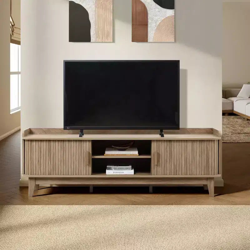 Meuble TV LuxenHome 63" style Mid-Century avec rangement, pour téléviseurs jusqu'à 65", console média marron avec portes coulissantes, chêne marron